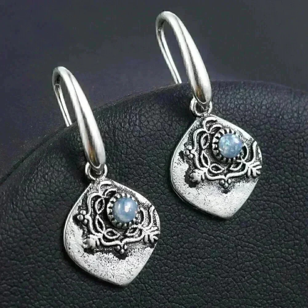 Beautiful Boho Silver Opal Drop Earrings